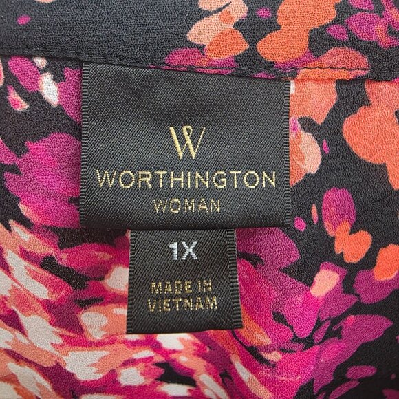 Worthington Womens Sleeveless V-Neck Top Blouse 1X Pink Black Floral Career Work - Picture 5 of 8